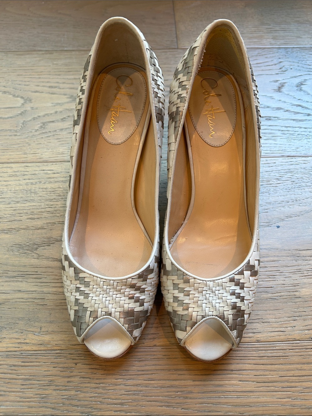 Cole Haan Beige and Taupe Woven Peep-Toe Heels